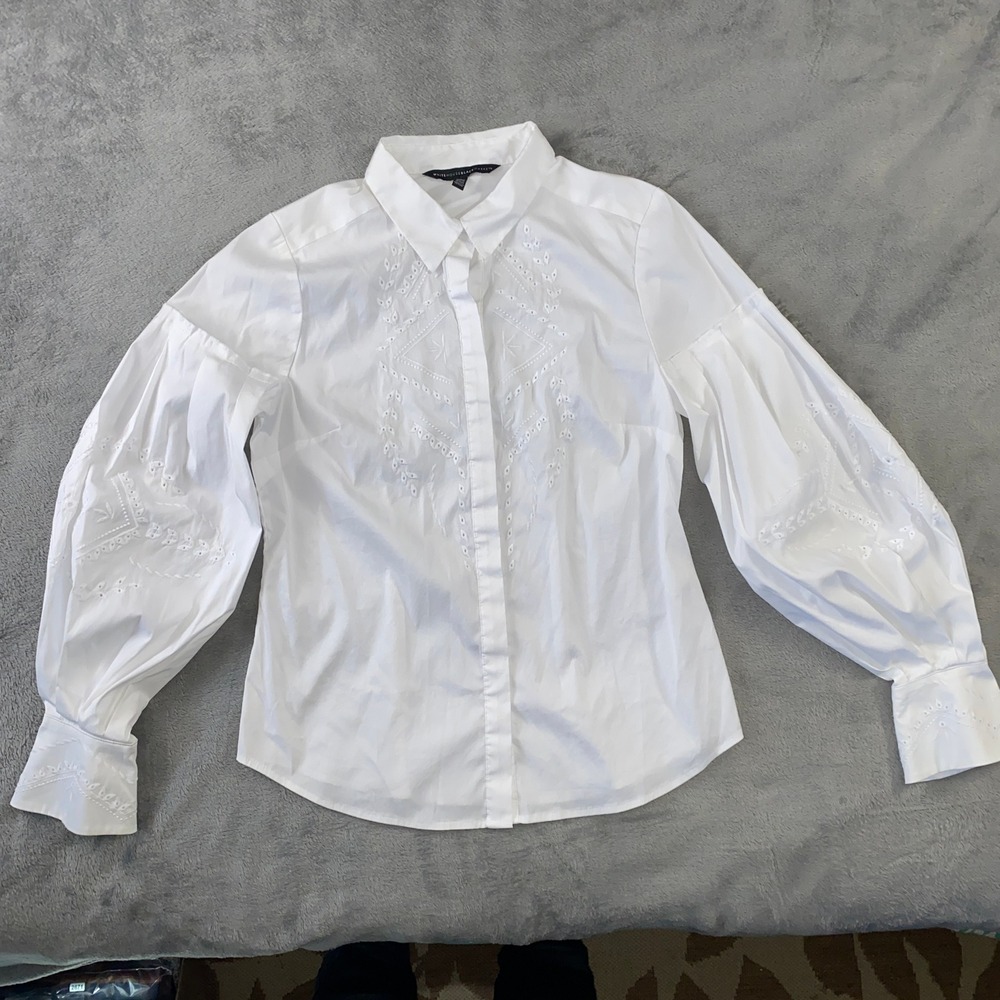 White House Black Market Blouse Womens 10 White Embroidered Puff Sleeve Shirt